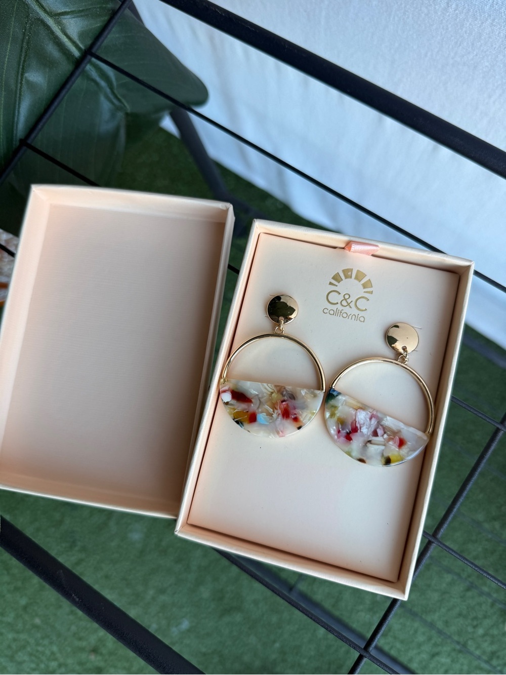 New In Box C&C California Dangle Earrings Rainbow Marble with Gold Detailing